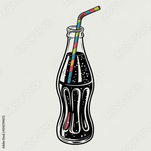Retro glass soda bottle with fizzy drink and striped paper straw illustration
