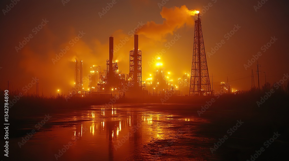 Obraz premium Oil pumps extract fuel at night, with a network, showing pollution's effect
