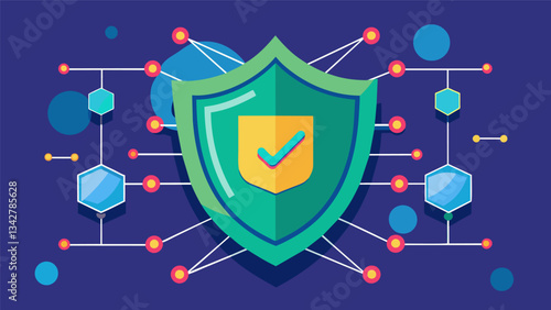 An artists depiction of a virtual shield surrounding a network warding off potential cyber threats and protecting the data flow.. Vector illustration