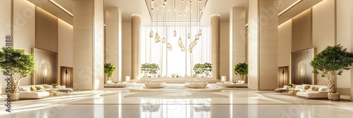 Grand lobby of a hotel with white seating. Luxury setting. Interior design