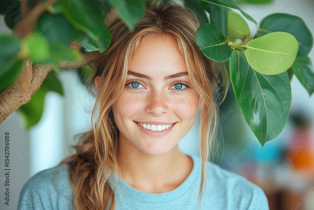 A smiling young woman with freckled skin stands beside a leafy plant, showcasing a bright and cheerful demeanor in a natural setting. A smiling young woman with freckled skin stands beside a leafy plant, showcasing a bright and cheerful demeanor in a natural setting.