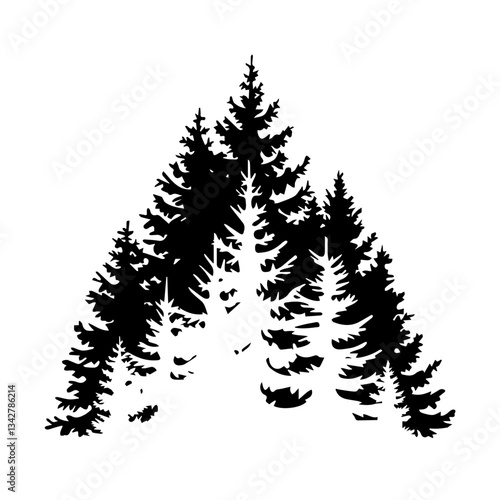 A black silhouette illustration of a dense evergreen forest with tall pine trees on uneven ground. The design emphasizes nature, wilderness, and woodland scenery.
