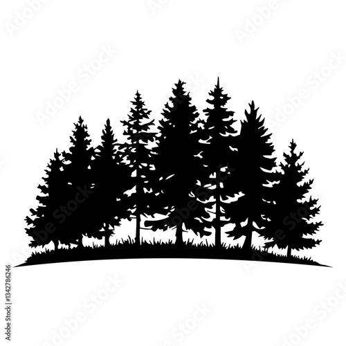This is a black silhouette illustration of a group of coniferous trees, likely pine or fir trees, standing together on a small grassy hill. The image has a clean white background and a natural forest 