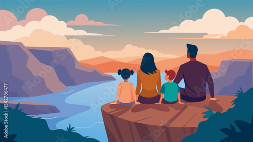A family of four sitting on a large rock near the edge of a cliff enjoying a moment of peaceful silence as they take in the expansive view of a deep valley below.. Vector illustration