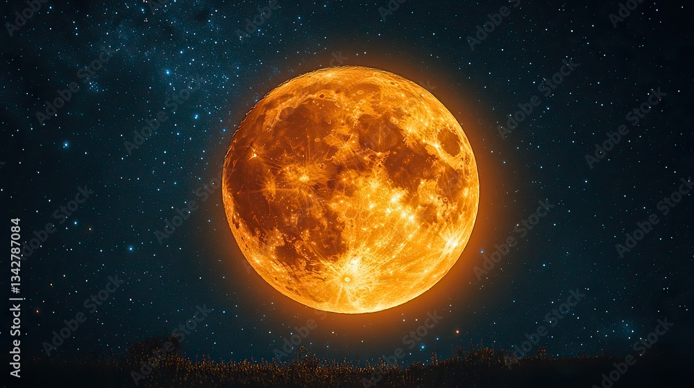 Obraz premium Orange full moon glows in the night sky, surrounded by stars, a cosmic landscape