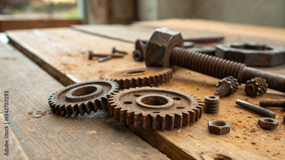 Rusty metal gears and bolts scattered on a wooden workbench, symbolizing mechanical wear and repair, industrial maintenance, and vintage machinery concepts. Rusty metal gears and bolts scattered on a wooden workbench, symbolizing mechanical wear and repair, industrial maintenance, and vintage machinery concepts.