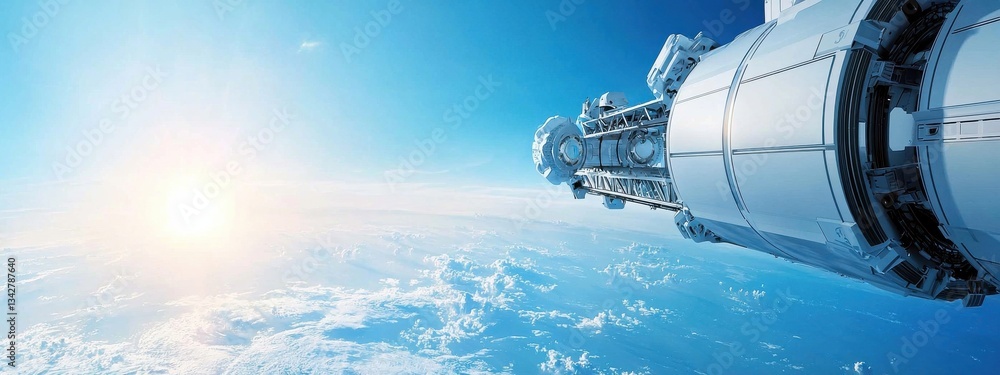 Fototapeta premium Spacecraft Launching Towards Earth with Sunlight in Background