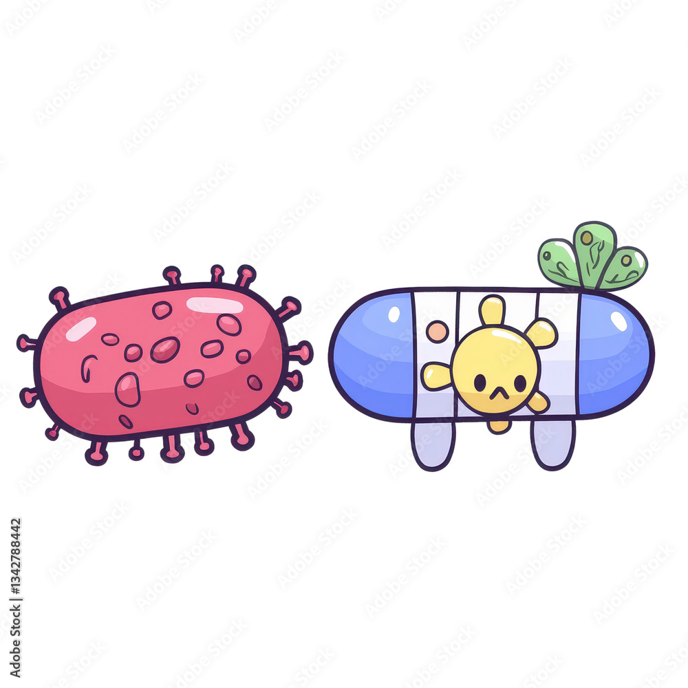 Fototapeta premium Two cartoonish microorganisms, one red with spikes and another blue with a sun design and leaf, showcasing a playful and imaginative representation.