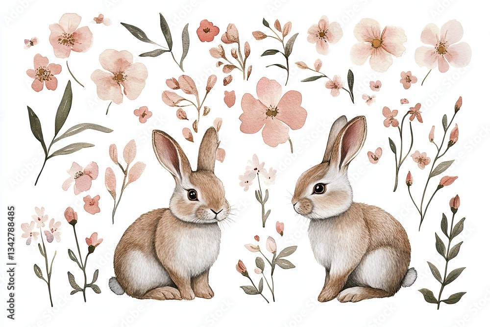 Fototapeta premium set of watercolor fluffy rabbits and spring flowers hand drawn on a white background