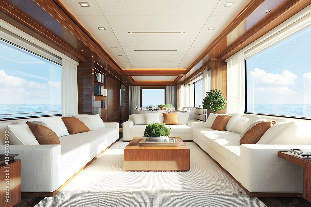 Fototapeta premium Luxurious yacht interior, white sofas, modern design, sea view. Editorial use