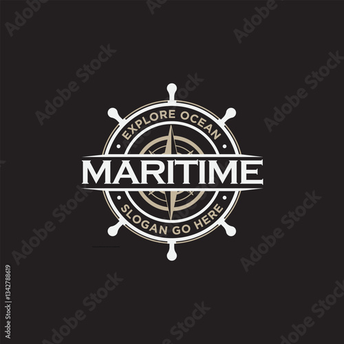 vintage retro steering wheel with compas for Maritime nautical windrose logo design