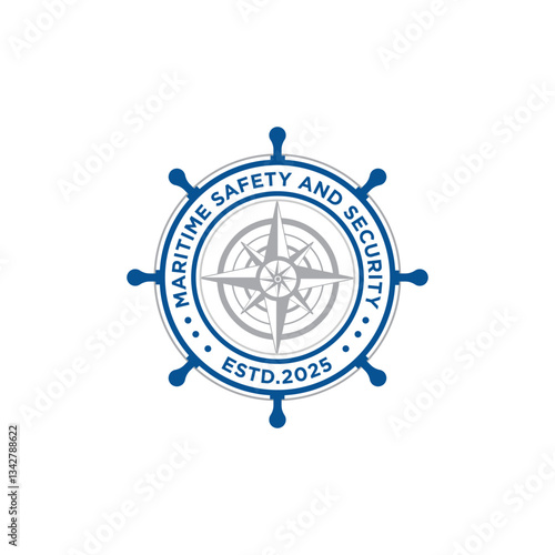 compass with steering wheel ship stamp badge for maritime nautical ship navy logo design