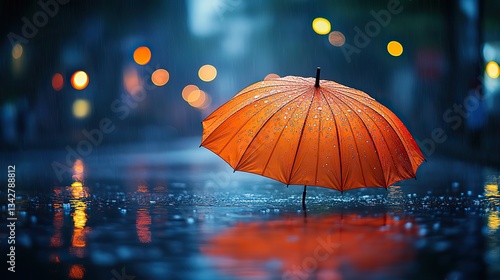 Wallpaper Mural Orange umbrella with raindrops levitates over a wet surface, a serene scene Torontodigital.ca
