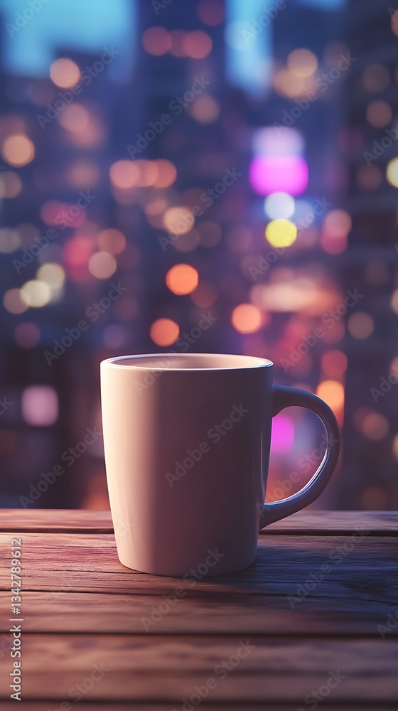Obraz premium A cozy coffee mug sits on a wooden surface, with a blurred cityscape in the background.
