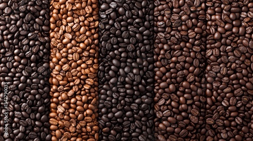 Varieties of roasted coffee beans in different shades