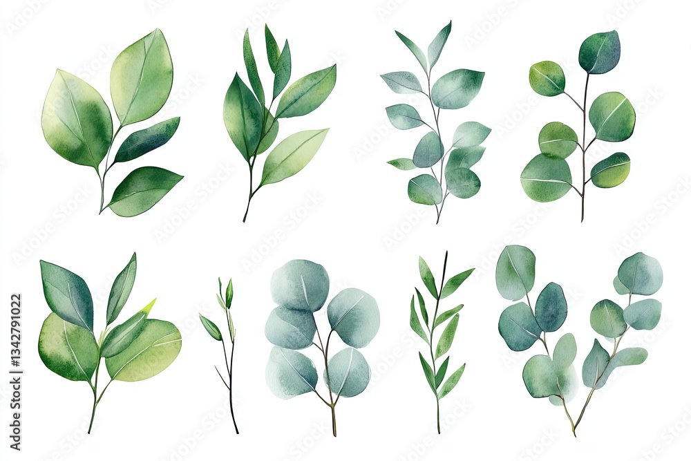 Naklejka premium Set of watercolor fresh green eucalyptus leaves hand drawn on white background