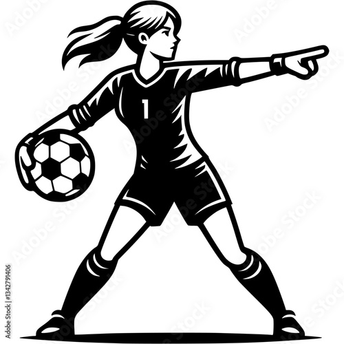 Sport emblem of girl goalkeeper points to teammates by throwing ball out of penalty area with hand in monochrome. Engraving minimalistic vector in black ink drawing on transparent background