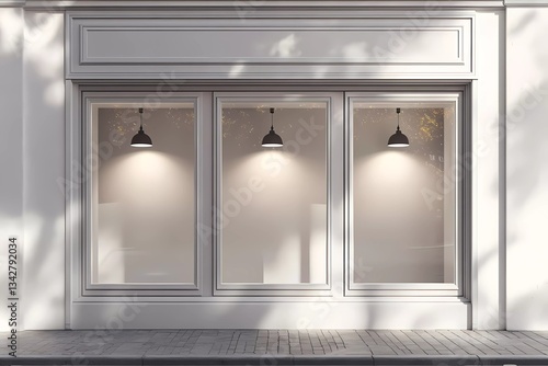 3D rendering of an empty white shop window with three spotlights on the wall. Interior mockup for presentation design, artwork, and graphic design. Vector illustration, stock photo. 