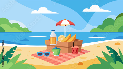 A secluded beach blanket picnic spot complete with a cooler of refreshing drinks and a snack spread perfect for soaking up the sun and ocean breeze while leaving all worries. Vector illustration
