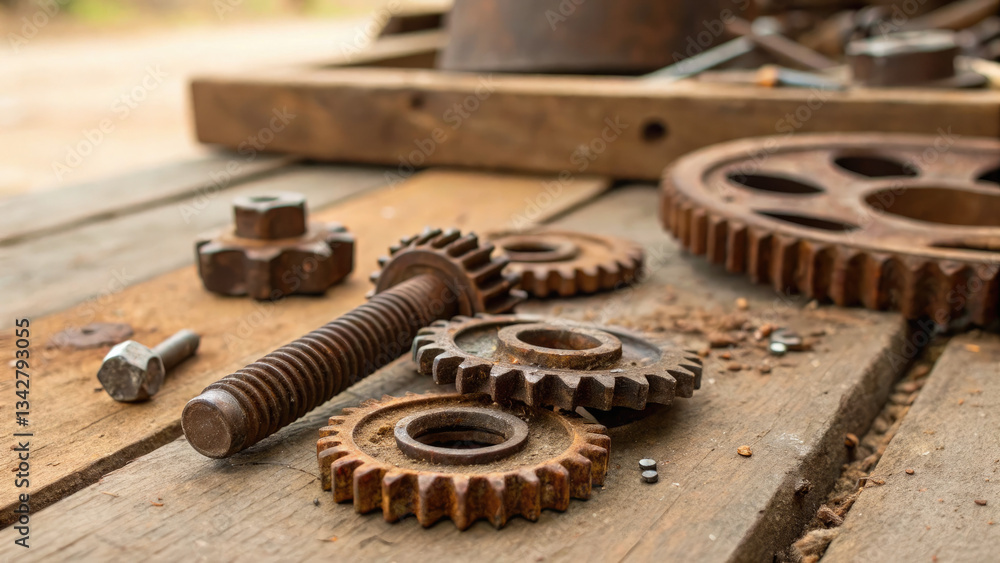 Rusty metal gears and bolts scattered on a wooden workbench, symbolizing mechanical wear and repair, industrial maintenance, and vintage machinery concepts. Rusty metal gears and bolts scattered on a wooden workbench, symbolizing mechanical wear and repair, industrial maintenance, and vintage machinery concepts.