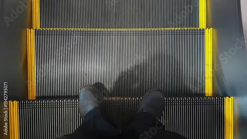 Ascending Journey: A low-angle perspective captures a person's feet on an escalator, symbolizing upward mobility and progress. The steps, detailed with yellow safety lines.