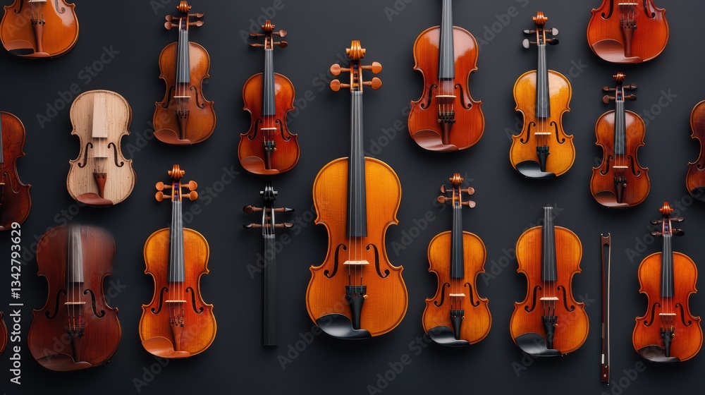 Naklejka premium Collection of Violins Displayed on a Dark Background