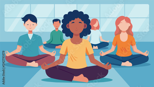 Teenagers sit crosslegged with their hands resting on their knees and their eyes closed during a guided meditation session in their high school gymnasium.. Vector illustration