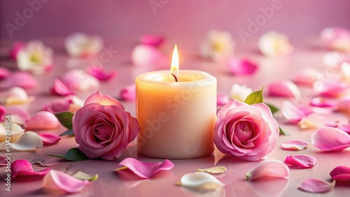 Peaceful pink rose petals and a softly glowing candle create a tranquil, serene still life.