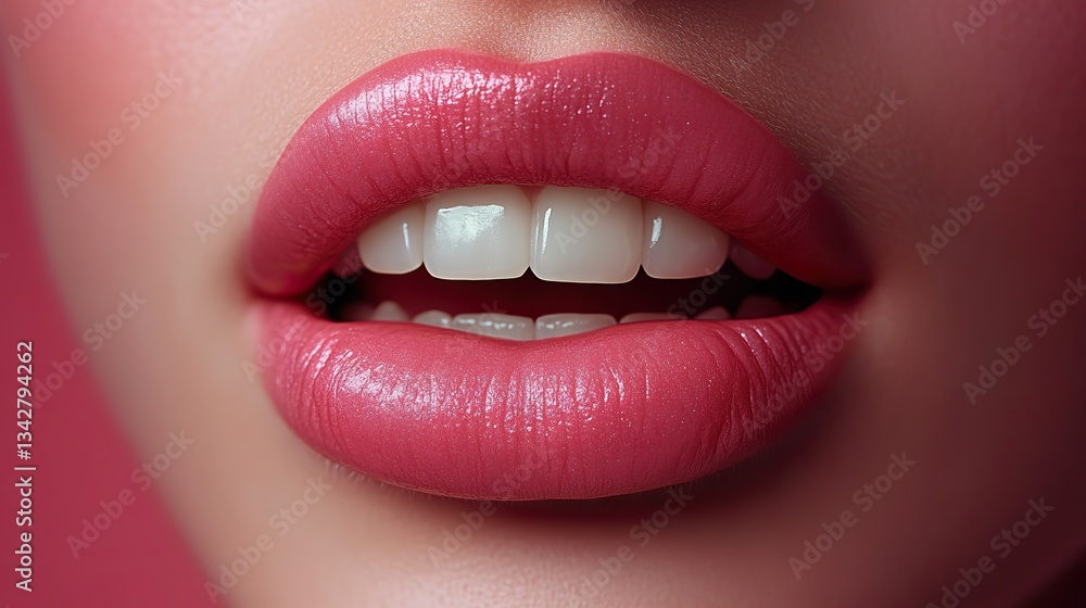 Obraz premium Perfect pink lips, slightly open, reveal white teeth, showing cosmetic enhancements