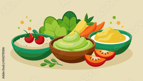 A trio of dip bowls filled with hummus guacamole and tzatziki surrounded by a tered arrangement of crudité vegetables.. Vector illustration