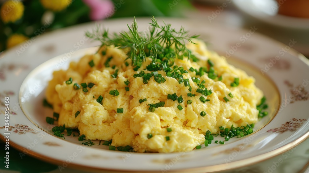 A golden halo encircles a plate piled high with fluffy scrambled eggs, a breakfast masterpiece ready to be enjoyed with a smile. A golden halo encircles a plate piled high with fluffy scrambled eggs, a breakfast masterpiece ready to be enjoyed with a smile.