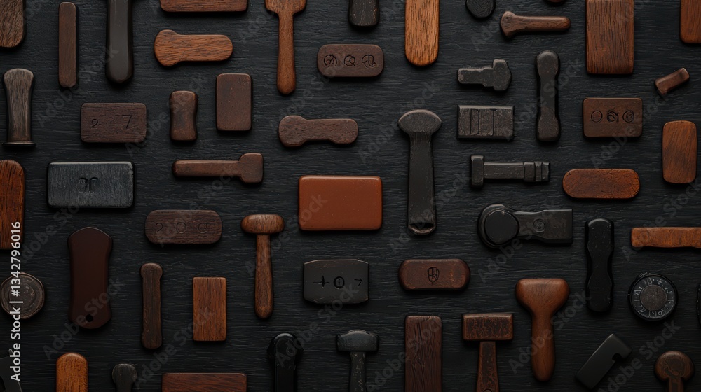 Fototapeta premium Assorted wooden tools and blocks arranged on a dark surface