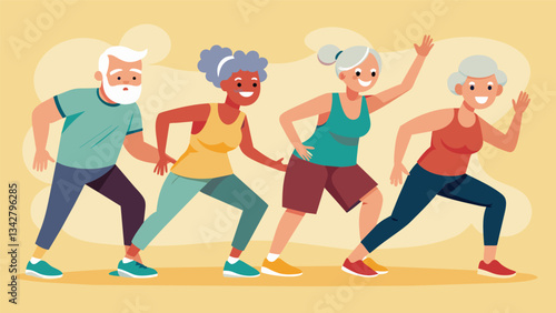 A group of seniors sweating and panting but determined to push through the tough moves in their Silver Generation aerobics class.. Vector illustration