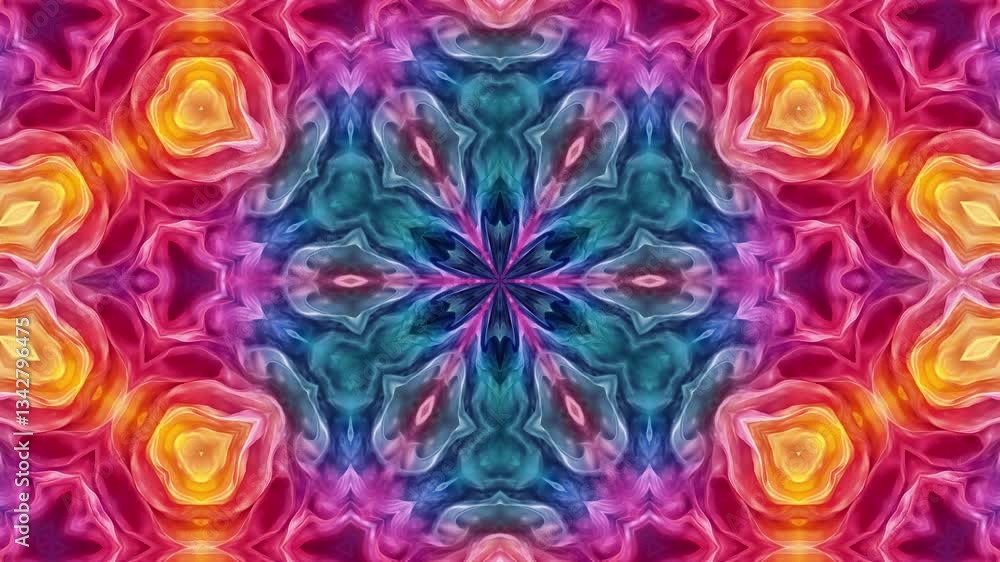 A vibrant, abstract kaleidoscopic pattern with swirling colors and intricate designs.