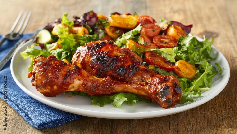 Grilled chicken drumsticks with roasted vegetables and salad Grilled chicken drumsticks with roasted vegetables and salad