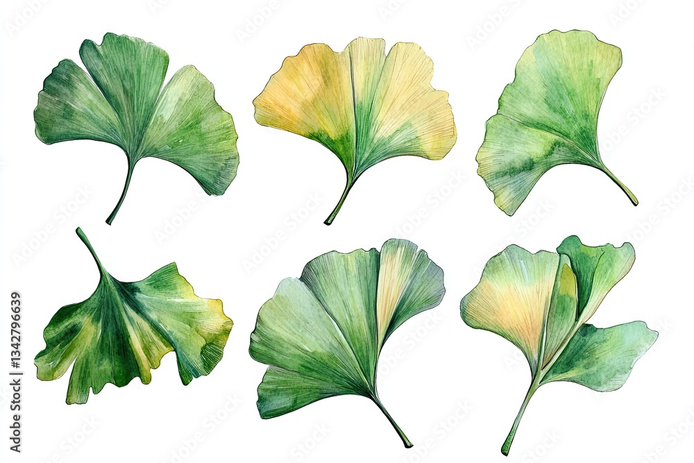 Obraz premium Set of watercolor Ginkgo Leaves hand drawn on a white background