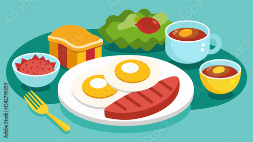 Rise and shine with this flavorful breakfast a plate of mashed plantains served with a side of fried eggs crispy corned beef and warm tortillas.. Vector illustration