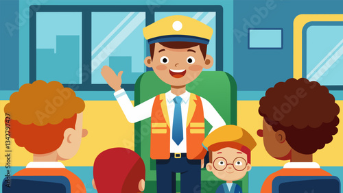 The driver encourages the students to listen carefully and ask questions as they go through the safety lesson together.. Vector illustration