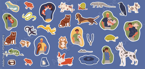  Pet sticker pack, cute adorable animals, dogs, cats, reptiles, amphibians, crows, rodents, pet products, owners hugging their animals, hand drawn vector illustration.