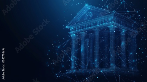 Low poly wireframe vector illustration of bank icon in low poly on dark blue technology background, copy space. 