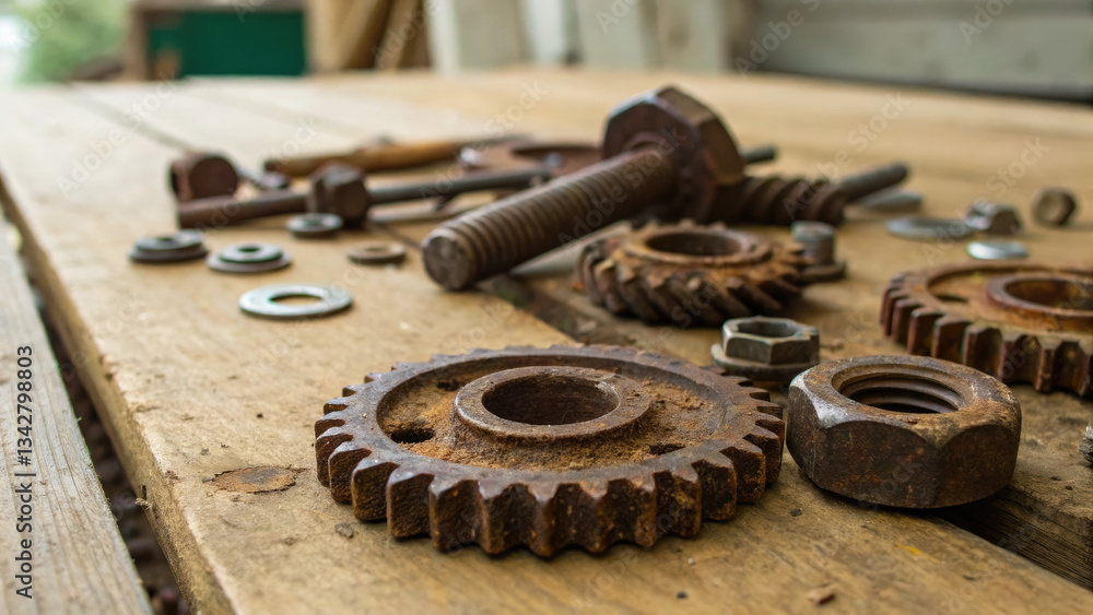 Rusty metal gears and bolts scattered on a wooden workbench, symbolizing mechanical wear and repair, industrial maintenance, and vintage machinery concepts. Rusty metal gears and bolts scattered on a wooden workbench, symbolizing mechanical wear and repair, industrial maintenance, and vintage machinery concepts.