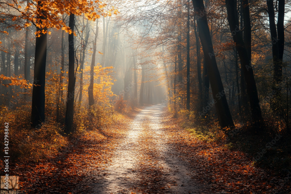 Fototapeta premium There is a path that is lined with trees in the fall