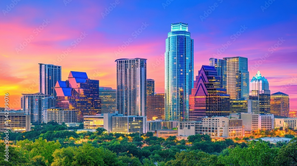 Fototapeta premium Vibrant Skyline with Diverse Architectural Styles
