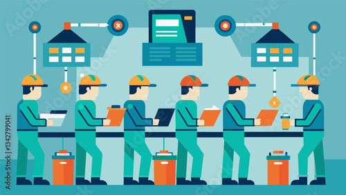 An assembly line of data miners each focused on a specific task as they work together to gather and analyze data.. Vector illustration