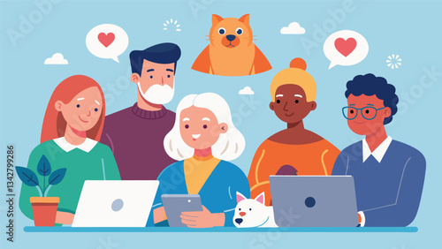 A group of retirees work together remotely as social media managers for a nonprofit organization focused on promoting animal welfare.. Vector illustration