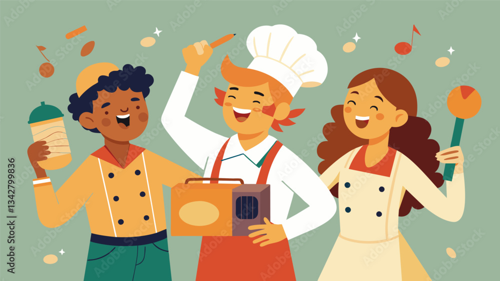 The bakers start to sing along to a lively conjunto tune playing on the radio their voices filling the bakery with joy and energy.. Vector illustration