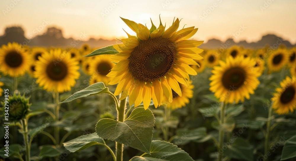Fototapeta premium Vibrant sunflowers blooming in a golden field at sunrise with soft sunlight