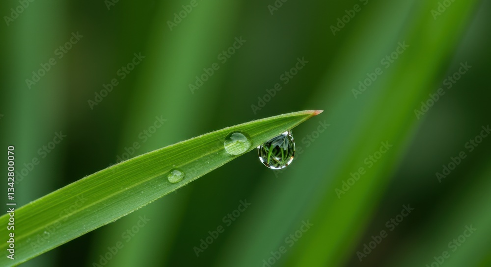 Close-up of a dew-covered grass blade with droplets glistening in sunlight Close-up of a dew-covered grass blade with droplets glistening in sunlight
