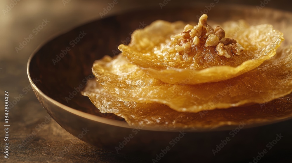 A golden masterpiece, Baklava, cradled in its flaky layers, its sweetness intensified by the symphony of honey and the crunch of nuts, a testament to the culinary artistry found in the Middle East A golden masterpiece, Baklava, cradled in its flaky layers, its sweetness intensified by the symphony of honey and the crunch of nuts, a testament to the culinary artistry found in the Middle East