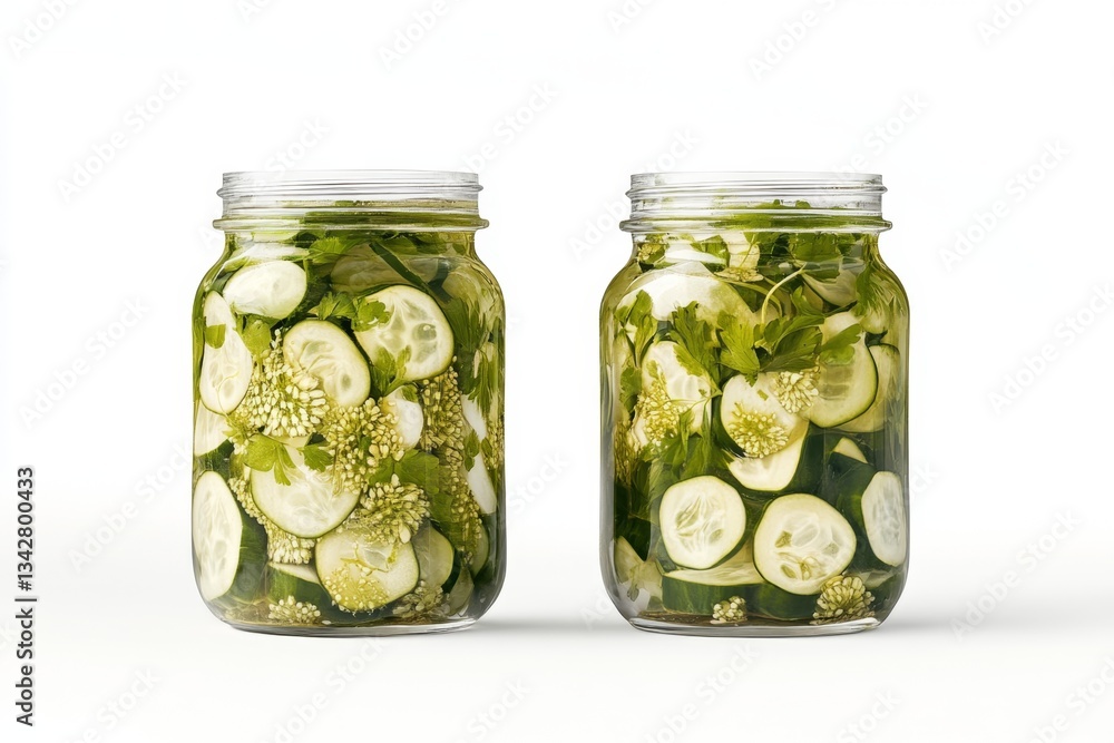 Two glass jars filled with sliced cucumbers, herbs, and flowers, ready for pickling Two glass jars filled with sliced cucumbers, herbs, and flowers, ready for pickling